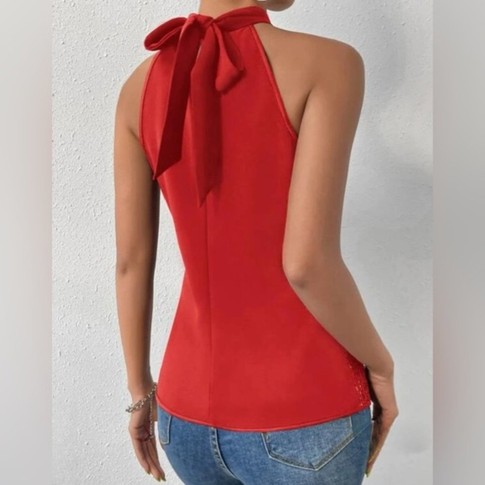 Red Tie Back Sequin Halter Top - Picture 3 of 6